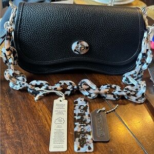 Coach Wavy Dinky Pebbled Leather Shoulder Bag with Tortoiseshell Chain